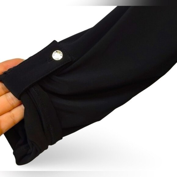 ANNE KLEIN 🍒SZ 2 XS🍒BLACK ZIP FRONT DRESS TABBED SLEEVES TIE WAIST GOLD ACCENT - Picture 13 of 16